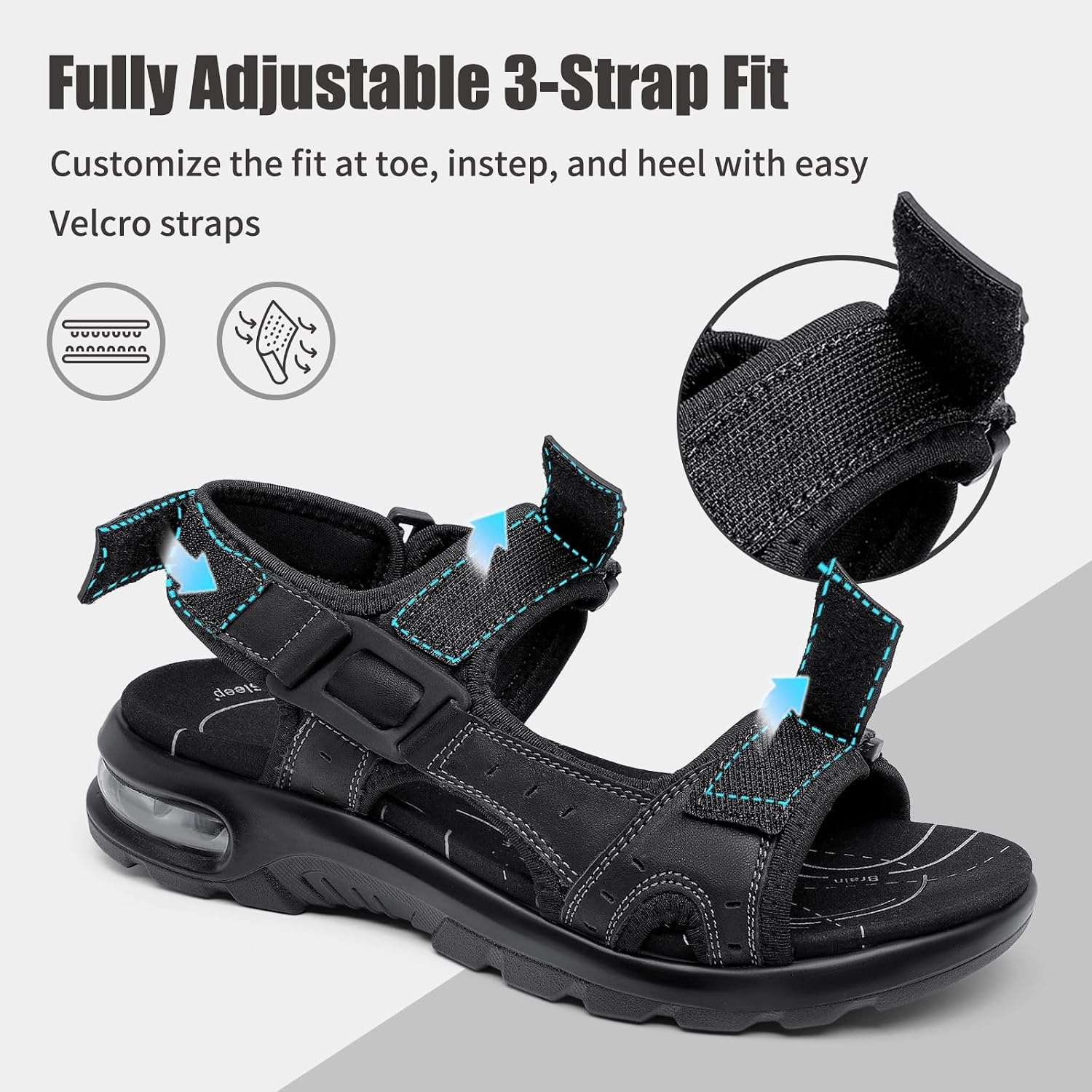 image:imageziitop Mens Athletic Sandals with Arch Support Outdoor Walking Sandals Adjustable Straps Air Cushion NonSlip Lightweight Hiking Casual Sport SandalsAllblack
