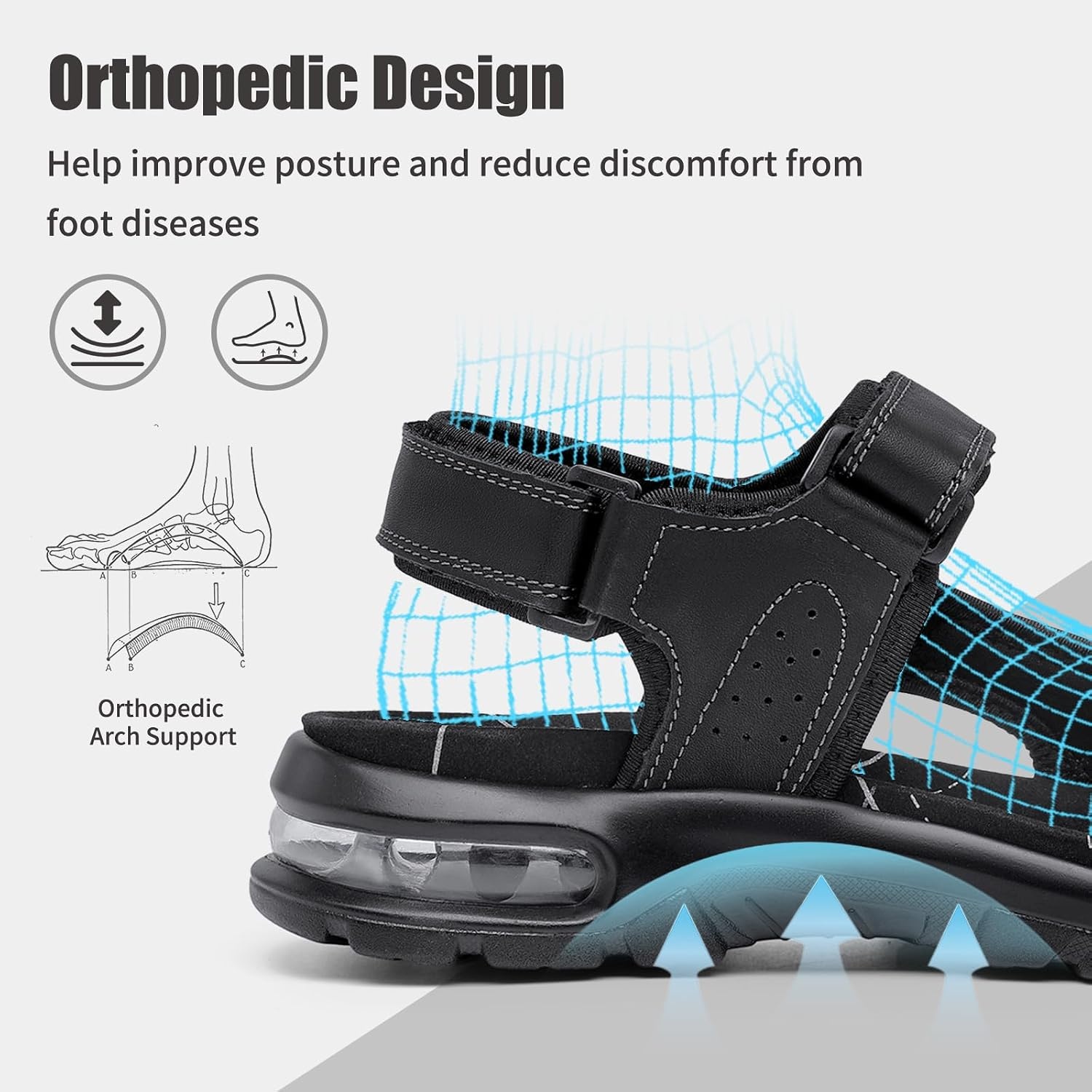 image:imageziitop Mens Athletic Sandals with Arch Support Outdoor Walking Sandals Adjustable Straps Air Cushion NonSlip Lightweight Hiking Casual Sport SandalsAllblack
