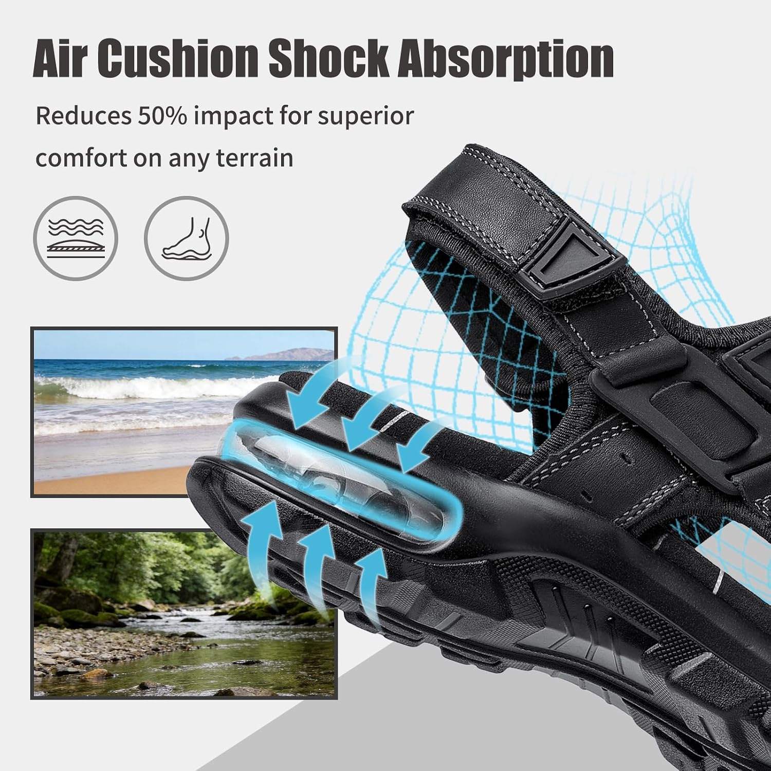 image:imageziitop Mens Athletic Sandals with Arch Support Outdoor Walking Sandals Adjustable Straps Air Cushion NonSlip Lightweight Hiking Casual Sport SandalsAllblack