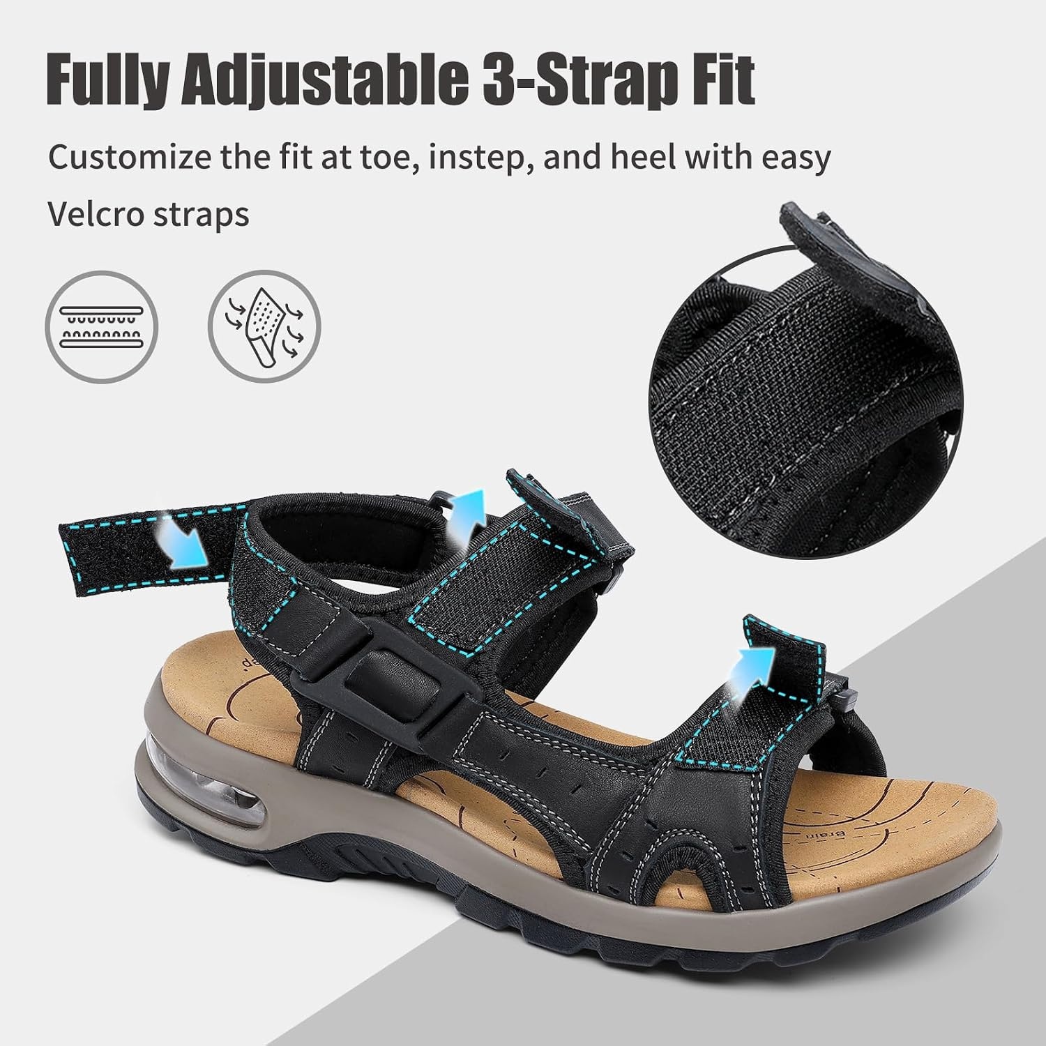 image:imageziitop Mens Athletic Sandals with Arch Support Outdoor Walking Sandals Adjustable Straps Air Cushion NonSlip Lightweight Hiking Casual Sport SandalsBlack