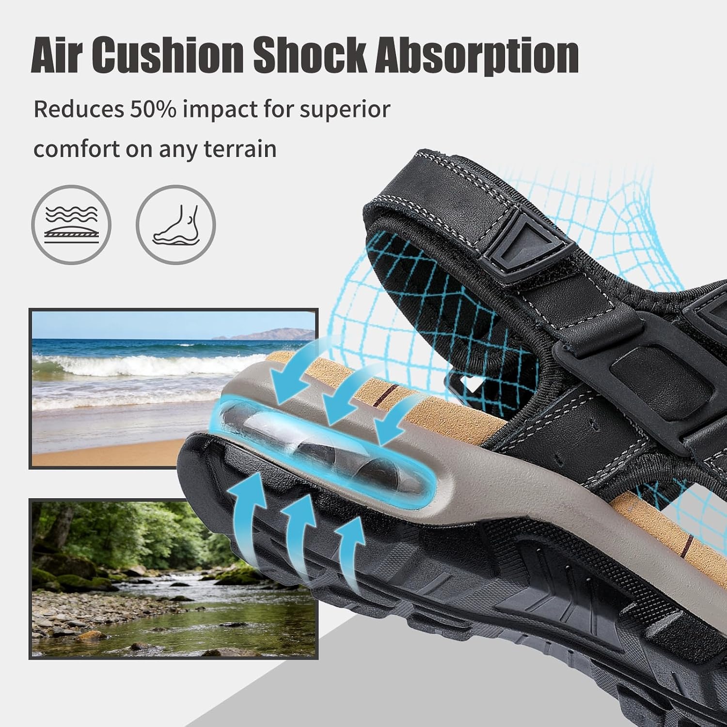 image:imageziitop Mens Athletic Sandals with Arch Support Outdoor Walking Sandals Adjustable Straps Air Cushion NonSlip Lightweight Hiking Casual Sport SandalsBlack