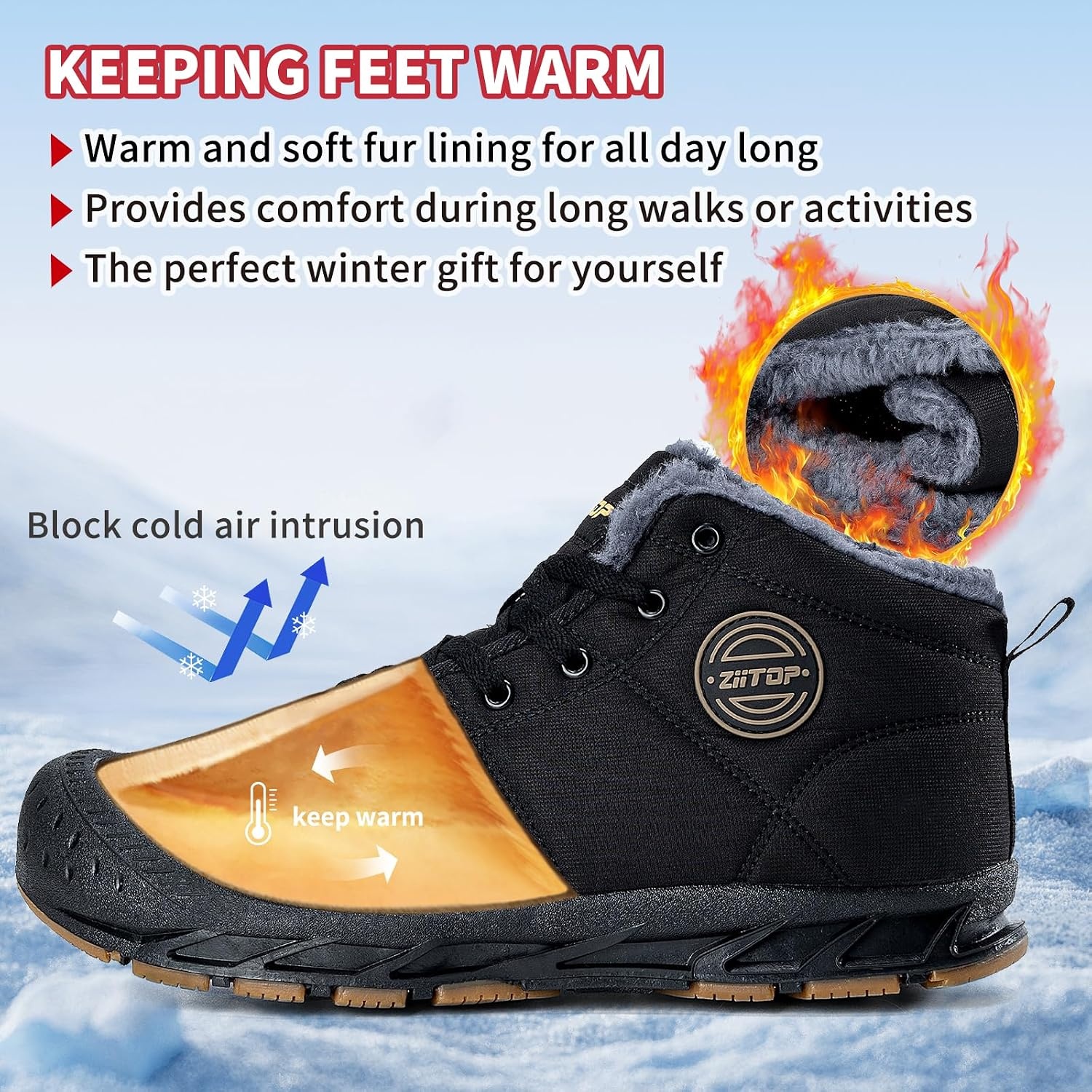 image:imageMens Snow Boots Mens Winter Boots Mens Winter Trekking Snow Boots Winter Boots for Men Waterproof Fur Lined Warm Winter Boots Men Lace up Snow Ankle Shoes Outdoor AntiSlip Lightweight Hiking BootBlack