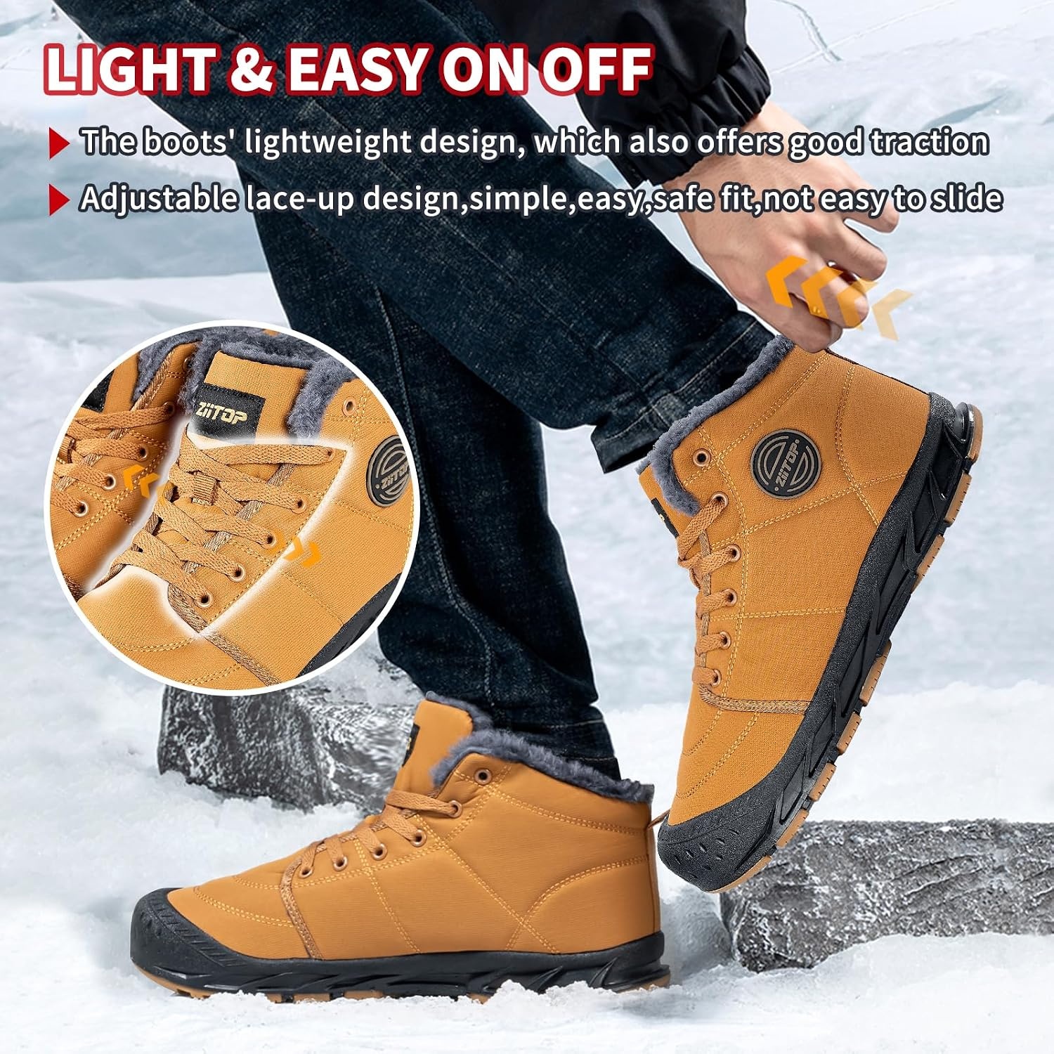 image:imageMens Snow Boots Mens Winter Boots Mens Winter Trekking Snow Boots Winter Boots for Men Waterproof Fur Lined Warm Winter Boots Men Lace up Snow Ankle Shoes Outdoor AntiSlip Lightweight Hiking BootKhaki
