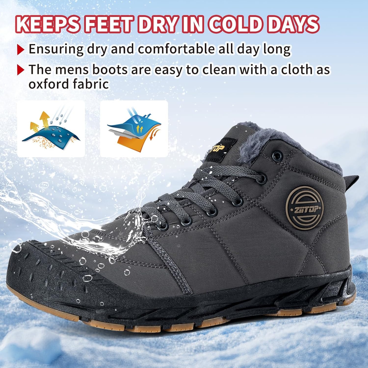 image:imageMens Snow Boots Mens Winter Boots Mens Winter Trekking Snow Boots Winter Boots for Men Waterproof Fur Lined Warm Winter Boots Men Lace up Snow Ankle Shoes Outdoor AntiSlip Lightweight Hiking BootGrey