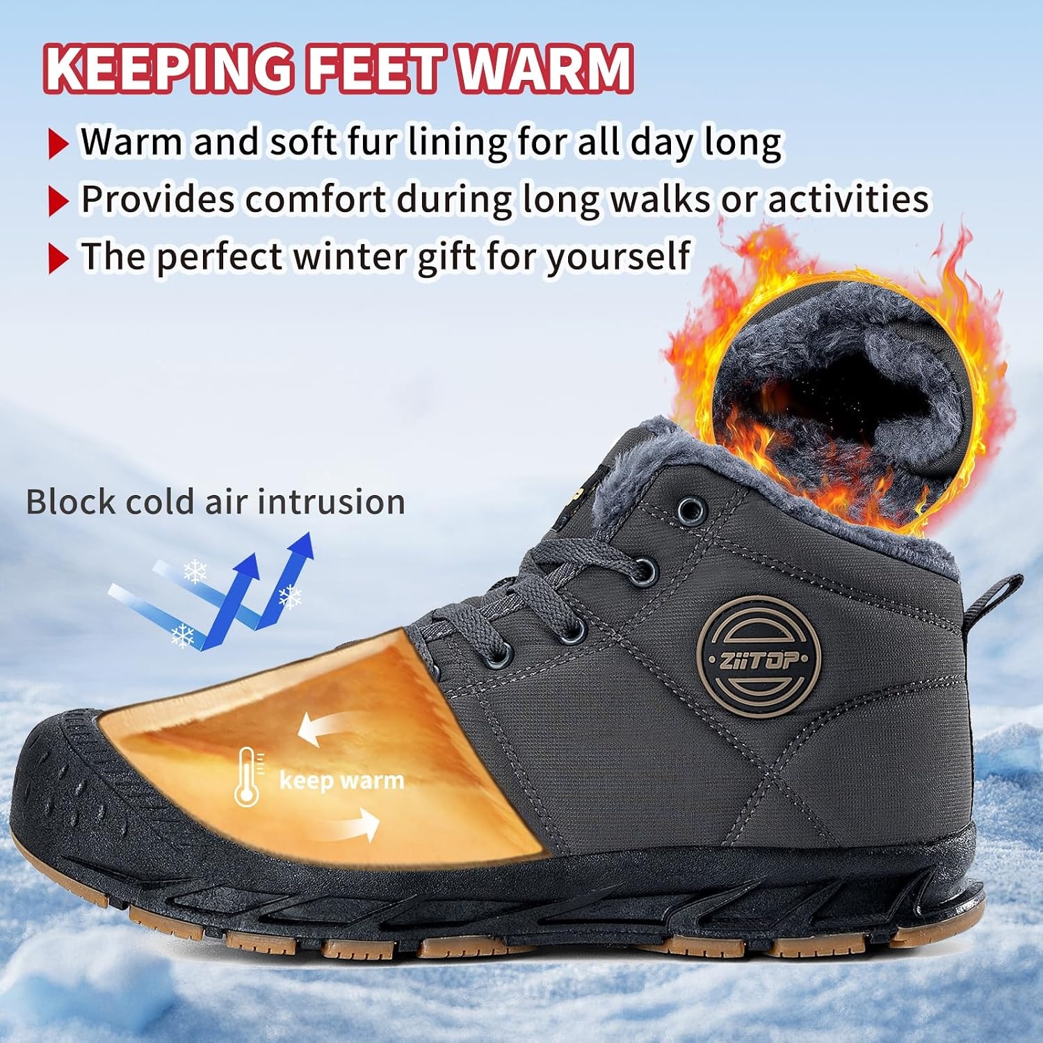 image:imageMens Snow Boots Mens Winter Boots Mens Winter Trekking Snow Boots Winter Boots for Men Waterproof Fur Lined Warm Winter Boots Men Lace up Snow Ankle Shoes Outdoor AntiSlip Lightweight Hiking BootGrey