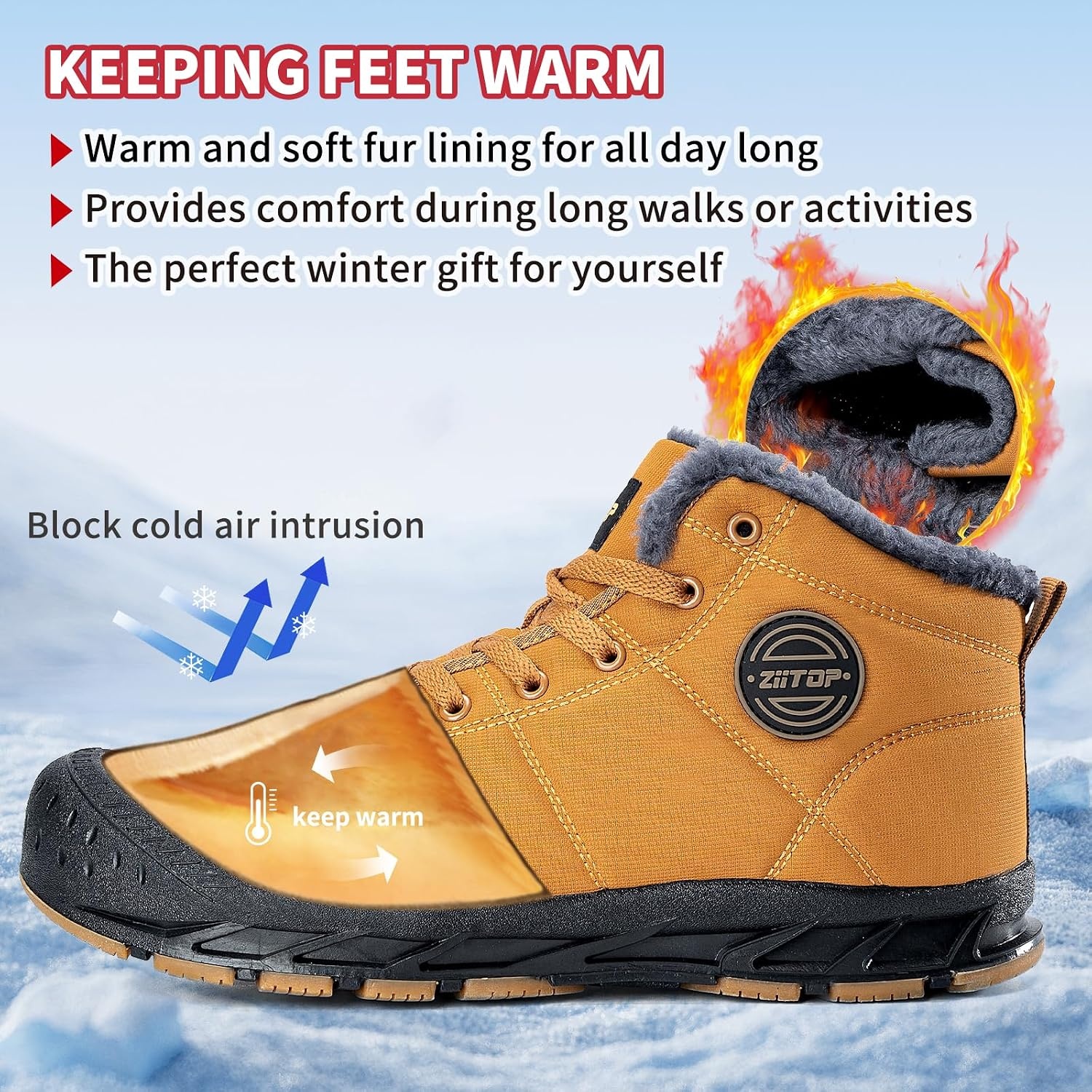 image:imageMens Snow Boots Mens Winter Boots Mens Winter Trekking Snow Boots Winter Boots for Men Waterproof Fur Lined Warm Winter Boots Men Lace up Snow Ankle Shoes Outdoor AntiSlip Lightweight Hiking BootKhaki