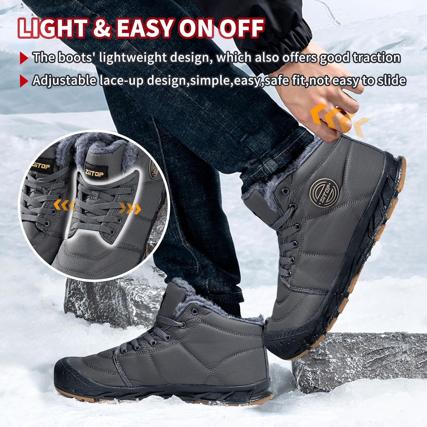 image:imageMens Snow Boots Mens Winter Boots Mens Winter Trekking Snow Boots Winter Boots for Men Waterproof Fur Lined Warm Winter Boots Men Lace up Snow Ankle Shoes Outdoor AntiSlip Lightweight Hiking BootGrey