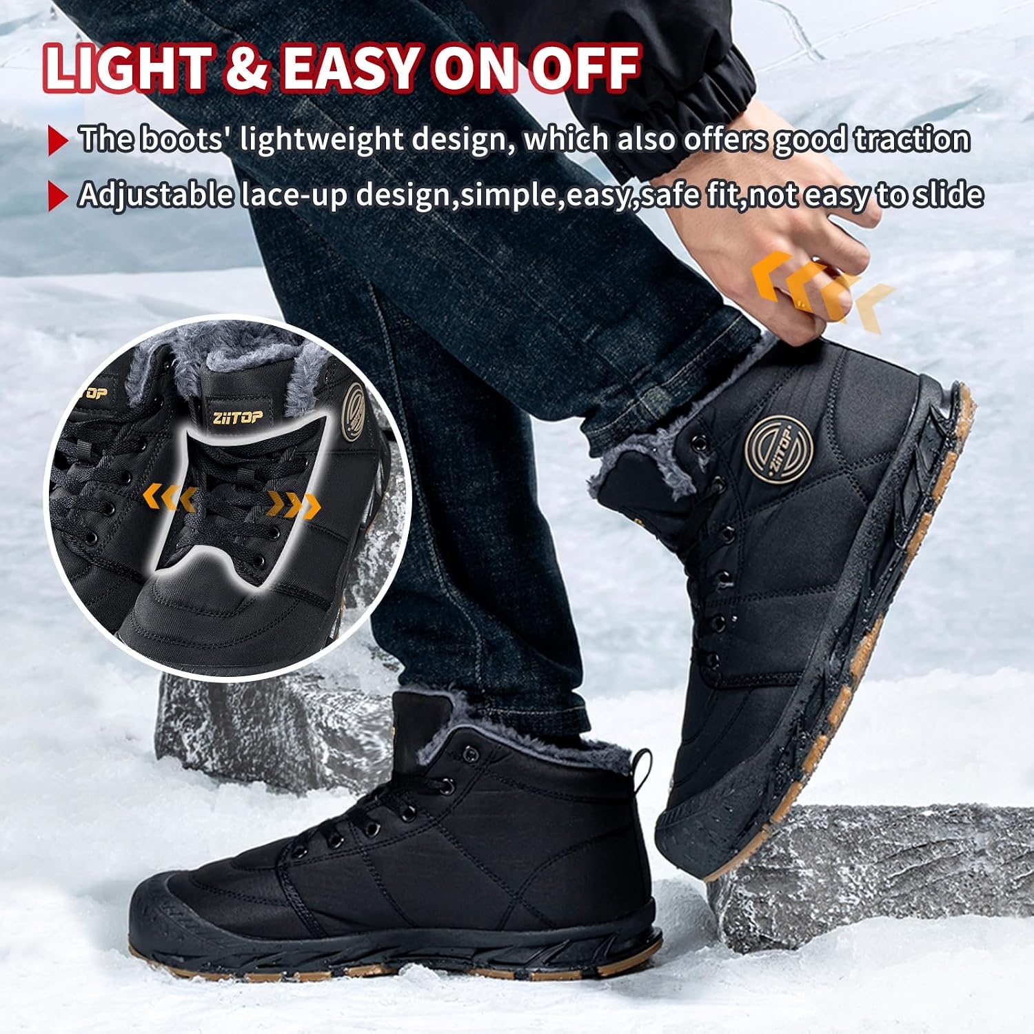 image:imageMens Snow Boots Mens Winter Boots Mens Winter Trekking Snow Boots Winter Boots for Men Waterproof Fur Lined Warm Winter Boots Men Lace up Snow Ankle Shoes Outdoor AntiSlip Lightweight Hiking BootBlack