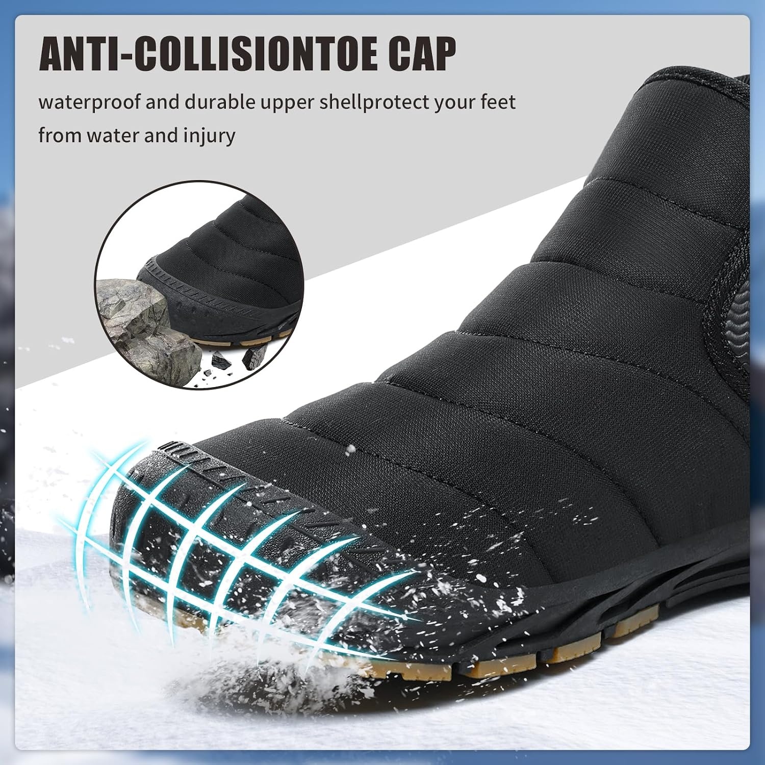 image:imageMens Snow Boots Winter Velcro Water Resistant Fur Lined Slip On Ankle Boot Lightweight Non Slip Rubber Sole Outdoor Walking Shoes for Cold WeatherAllblack