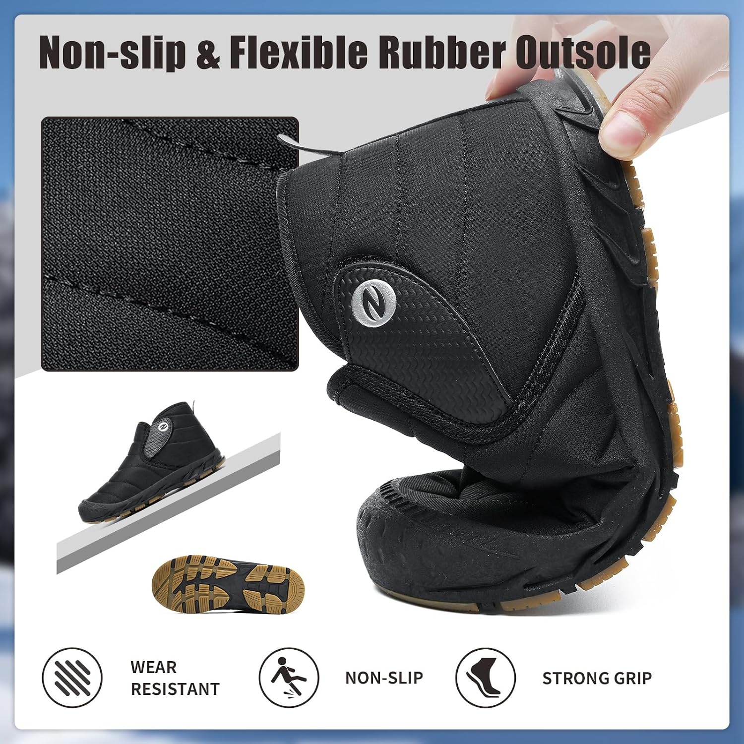 image:imageMens Snow Boots Winter Velcro Water Resistant Fur Lined Slip On Ankle Boot Lightweight Non Slip Rubber Sole Outdoor Walking Shoes for Cold WeatherAllblack