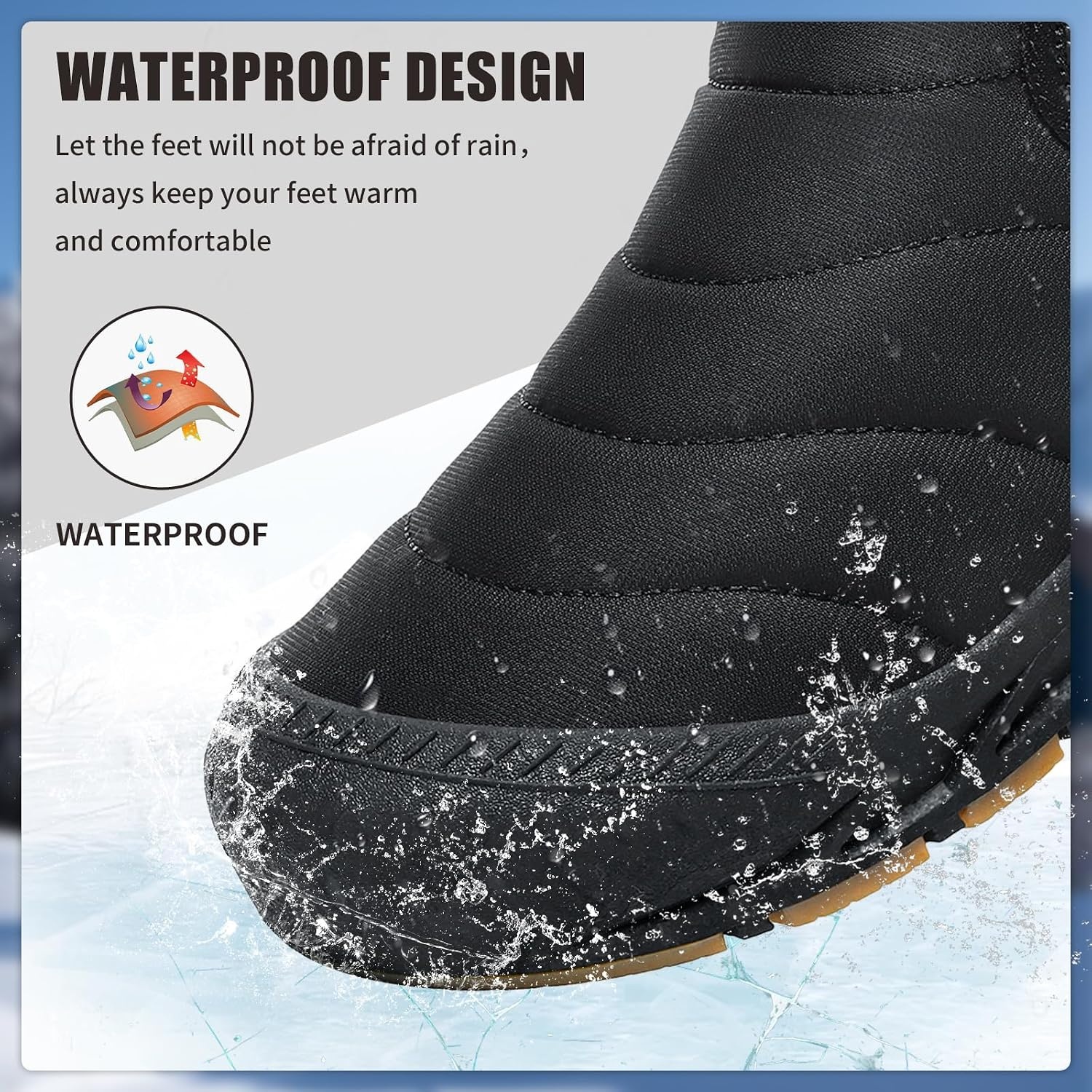 image:imageMens Snow Boots Winter Velcro Water Resistant Fur Lined Slip On Ankle Boot Lightweight Non Slip Rubber Sole Outdoor Walking Shoes for Cold WeatherAllblack