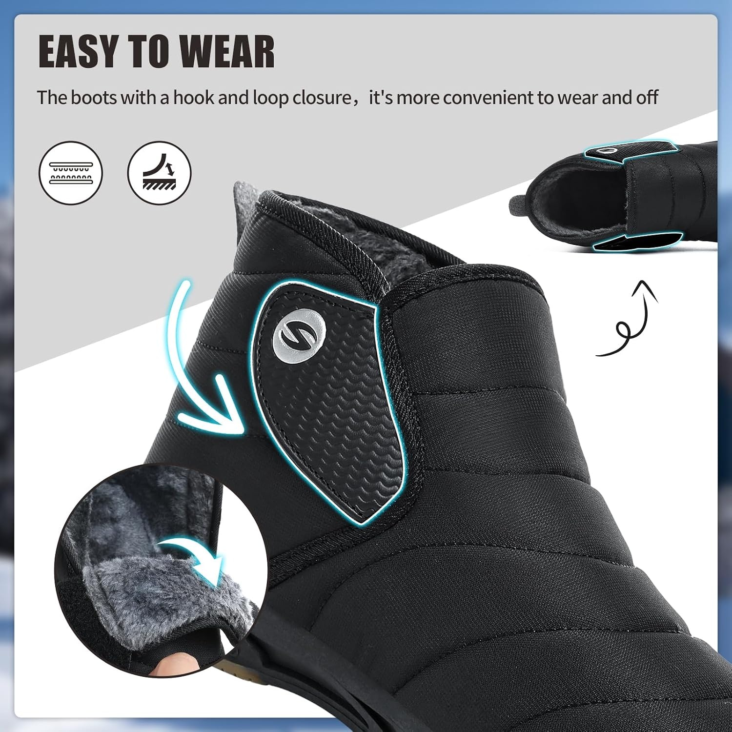 image:imageMens Snow Boots Winter Velcro Water Resistant Fur Lined Slip On Ankle Boot Lightweight Non Slip Rubber Sole Outdoor Walking Shoes for Cold WeatherAllblack