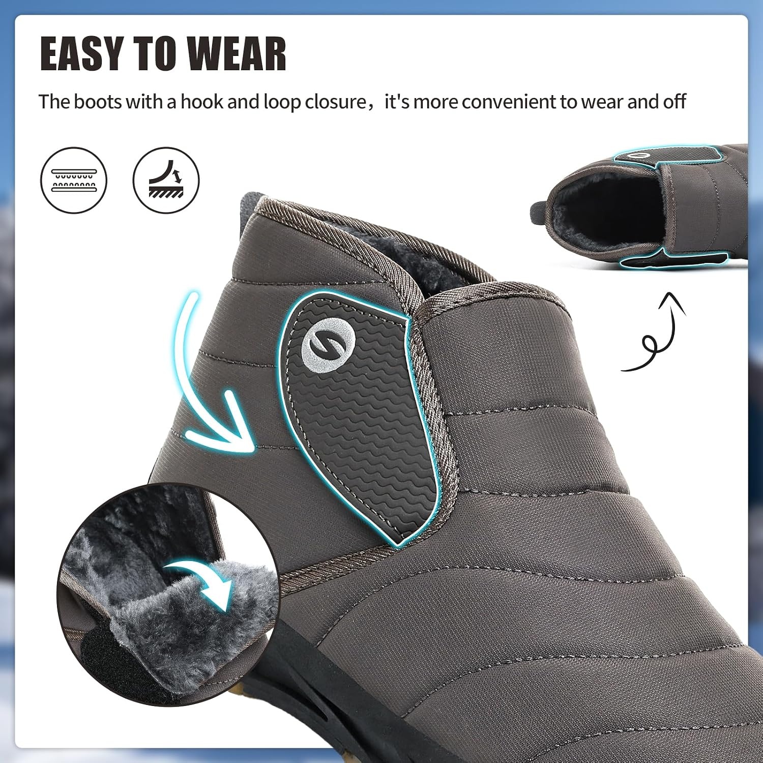 image:imageMens Snow Boots Winter Velcro Water Resistant Fur Lined Slip On Ankle Boot Lightweight Non Slip Rubber Sole Outdoor Walking Shoes for Cold WeatherDarkbrown