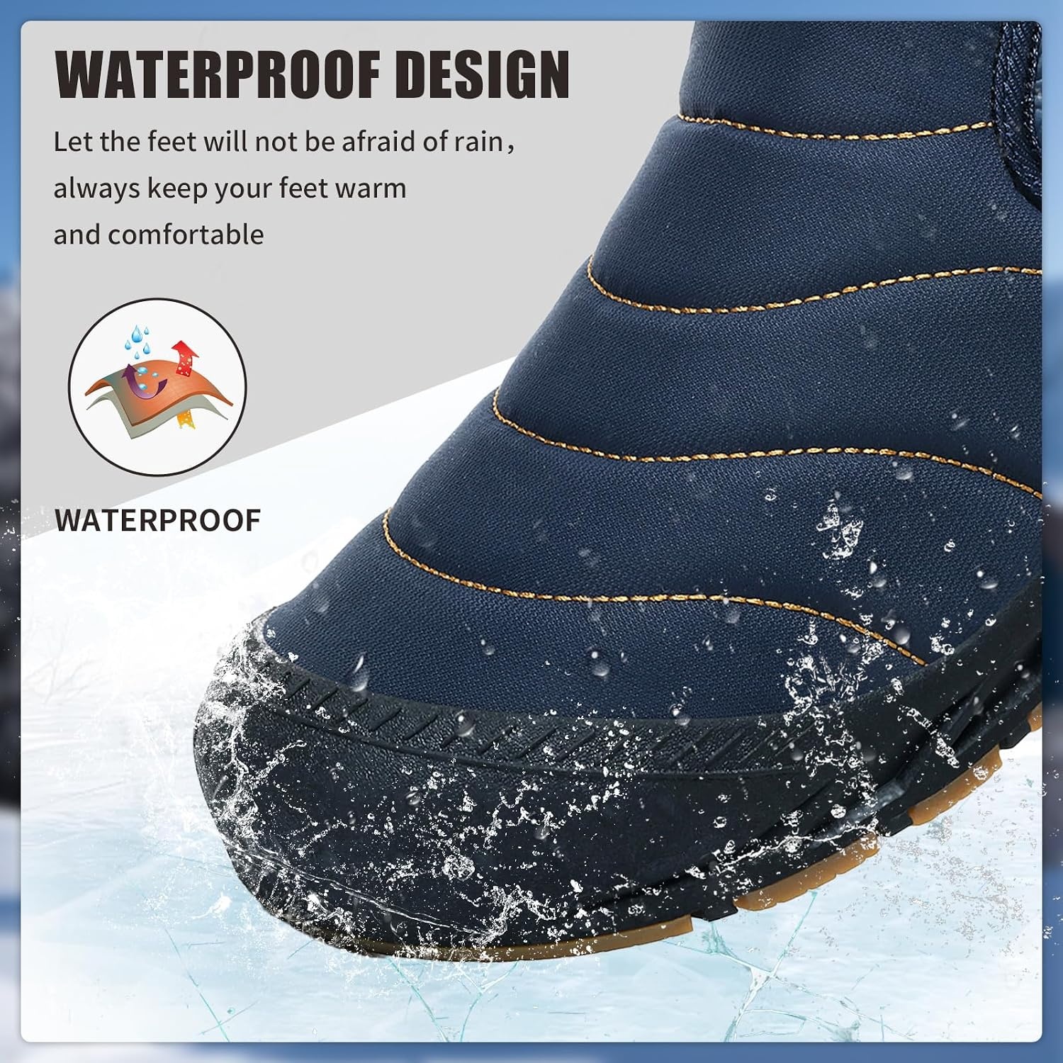 image:imageMens Snow Boots Winter Velcro Water Resistant Fur Lined Slip On Ankle Boot Lightweight Non Slip Rubber Sole Outdoor Walking Shoes for Cold WeatherDarkblue