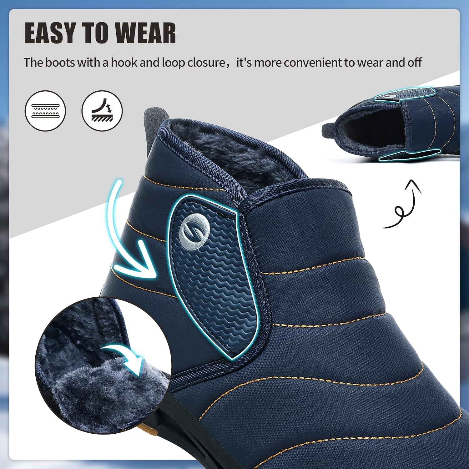 image:imageMens Snow Boots Winter Velcro Water Resistant Fur Lined Slip On Ankle Boot Lightweight Non Slip Rubber Sole Outdoor Walking Shoes for Cold WeatherDarkblue