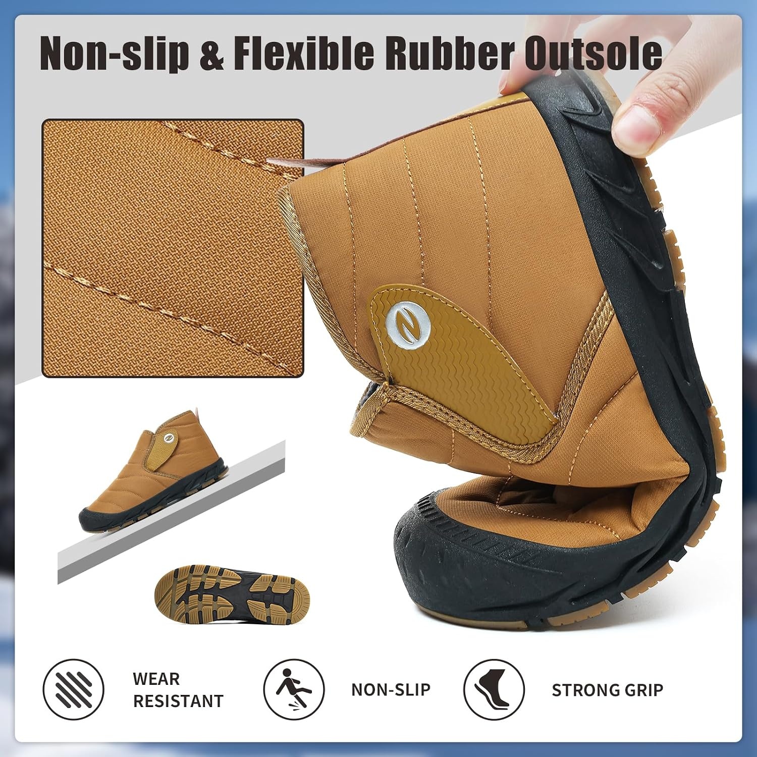 image:imageMens Snow Boots Winter Velcro Water Resistant Fur Lined Slip On Ankle Boot Lightweight Non Slip Rubber Sole Outdoor Walking Shoes for Cold WeatherYellow