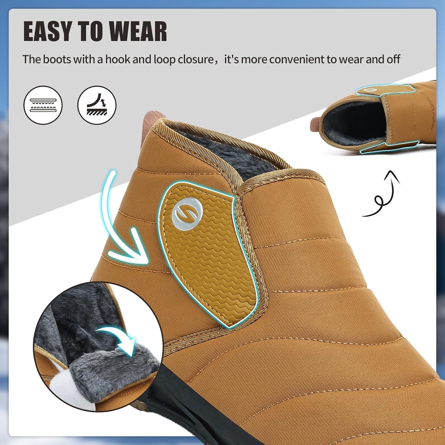 image:imageMens Snow Boots Winter Velcro Water Resistant Fur Lined Slip On Ankle Boot Lightweight Non Slip Rubber Sole Outdoor Walking Shoes for Cold WeatherYellow
