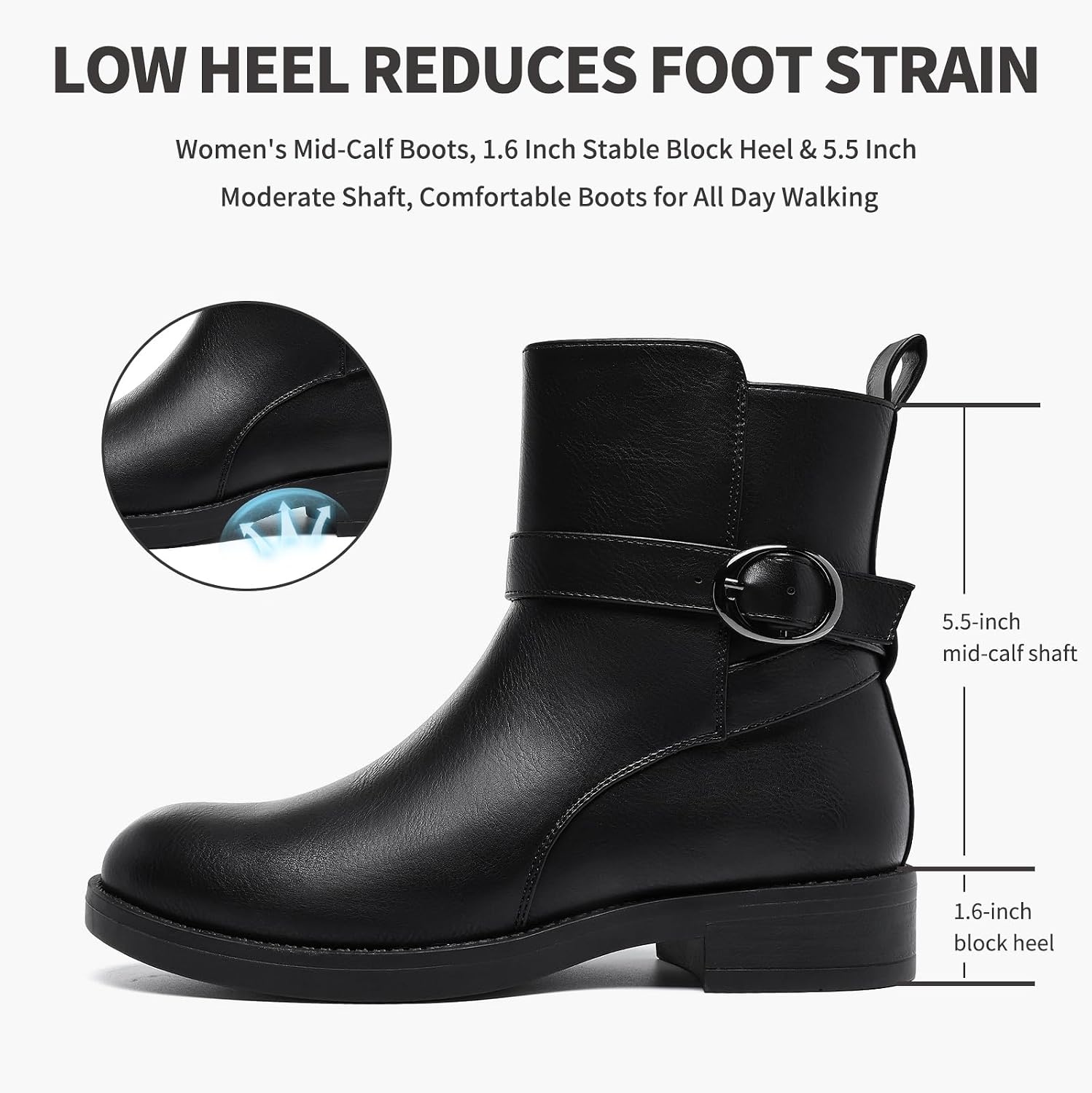 image:imageWomens Mid Ankle Booties for Fall Winter Chunky low heel Snow Wear Zipper PU Leather amp Suede Mid Calf Comfort Round Toe Soft Lining Boots Zipper Buckle work Daily Travel Business Gifts Four SeasonsBlack