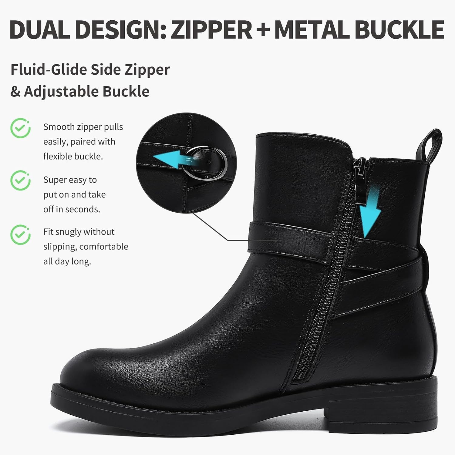 image:imageWomens Mid Ankle Booties for Fall Winter Chunky low heel Snow Wear Zipper PU Leather amp Suede Mid Calf Comfort Round Toe Soft Lining Boots Zipper Buckle work Daily Travel Business Gifts Four SeasonsBlack