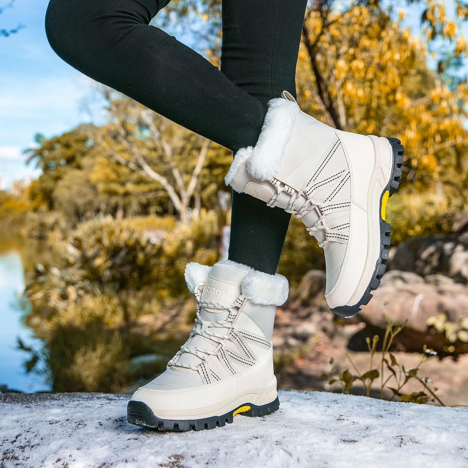 image:imageWomens Snow Boots Warm Fur Lined Winter Boots Mid Calf Waterproof Anti Slip Ankle Boots ColdResistant Outdoor Walking Shoes for Women Ladies Girls SnowbootsBeige