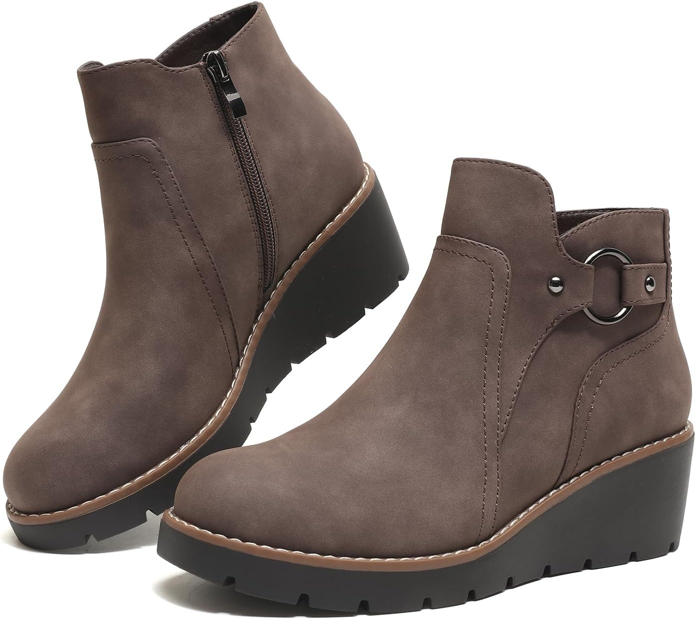 image:imageWomens Wedge Ankle Boots Chunky Low Heel Fall Short Booties Side Zipper Comfortable Round Toe Dress Boots Lug SoleBrown