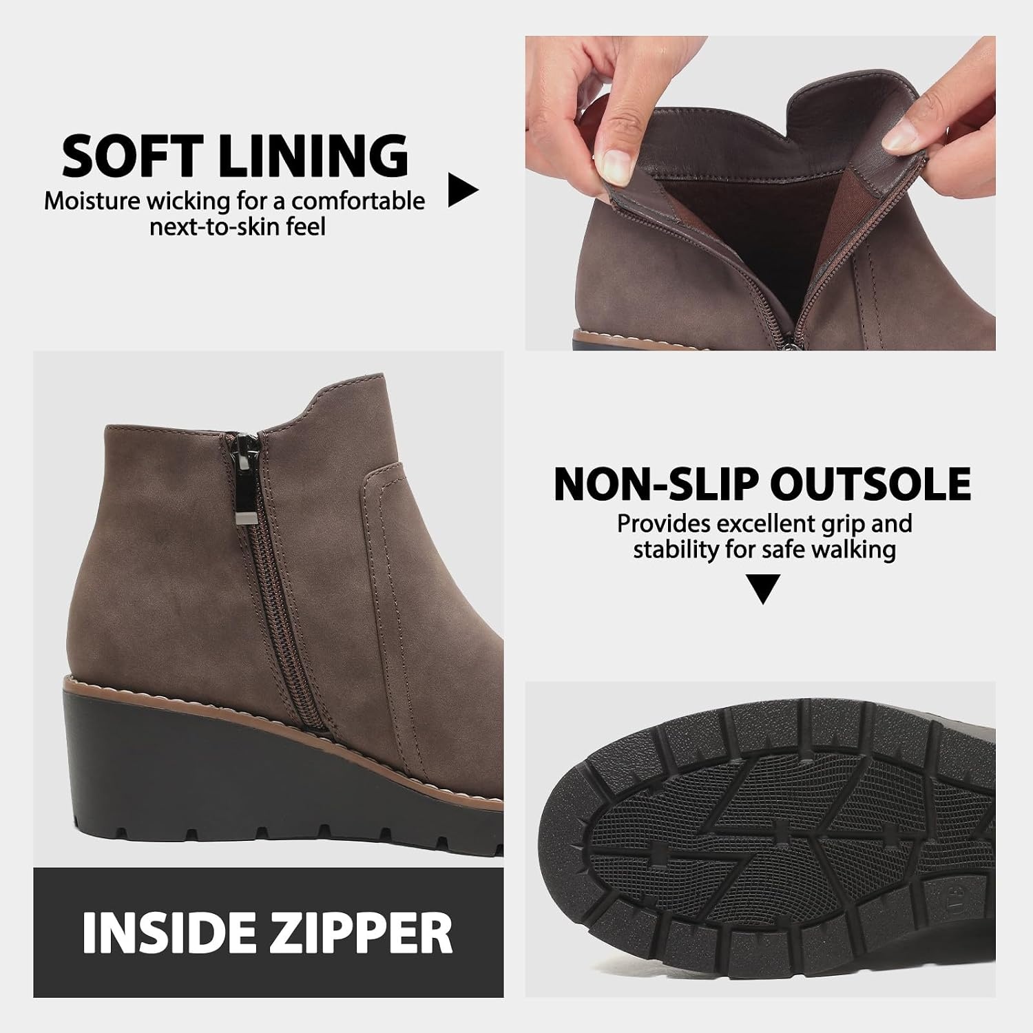 image:imageWomens Wedge Ankle Boots Chunky Low Heel Fall Short Booties Side Zipper Comfortable Round Toe Dress Boots Lug SoleBrown