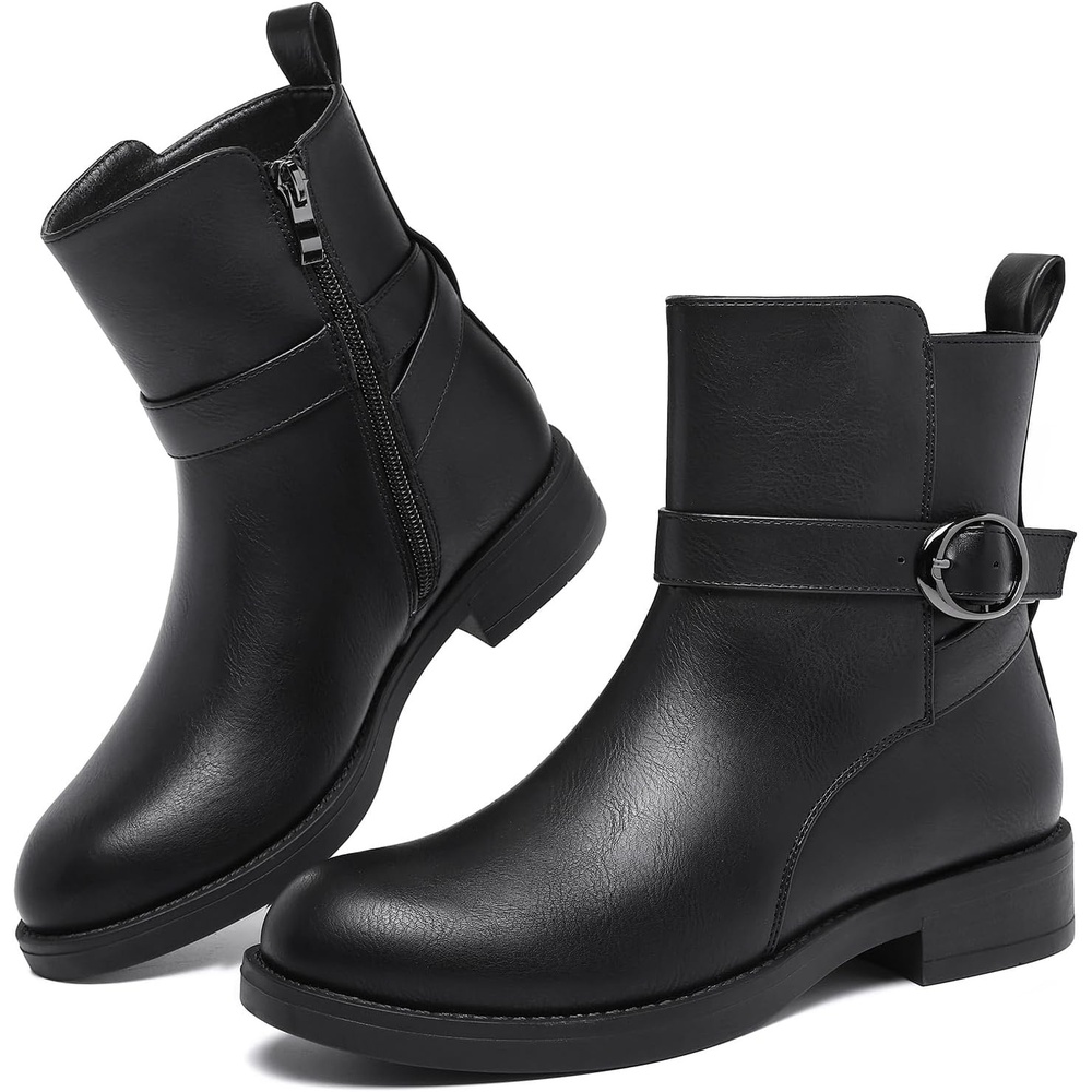 image:imageWomens Mid Ankle Booties for Fall Winter Chunky low heel Snow Wear Zipper PU Leather amp Suede Mid Calf Comfort Round Toe Soft Lining Boots Zipper Buckle work Daily Travel Business Gifts Four SeasonsBlack