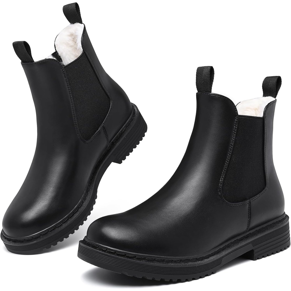 image:imageWomens Winter Chelsea Boots Warm Faux Fur Lined Chunky Lug Ankle Booties SlipOn Design Features Elastic Side Panels A Platform Sole And Round Toe For Commuting Shopping And TravelBlack