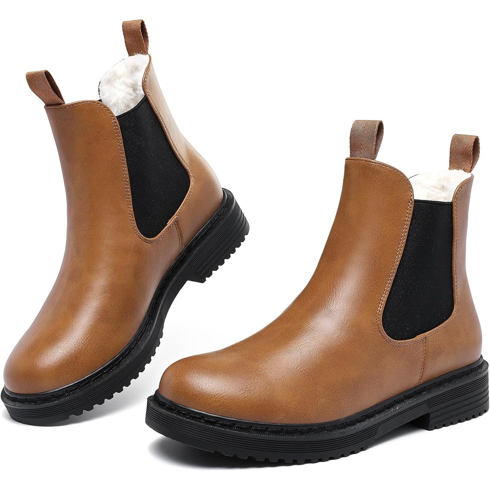 image:imageWomens Winter Chelsea Boots Warm Faux Fur Lined Chunky Lug Ankle Booties SlipOn Design Features Elastic Side Panels A Platform Sole And Round Toe For Commuting Shopping And TravelBrown