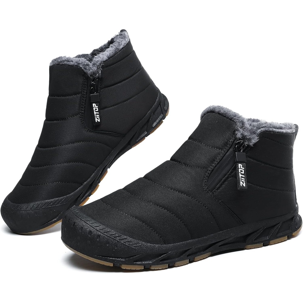 image:imageziitop Snow Boots Mens Waterproof Winter Boots Fur Lined Warm Ankle Boots Zipper Closure Slip on Outdoor Boot Comfortable Walking ShoesFull Black