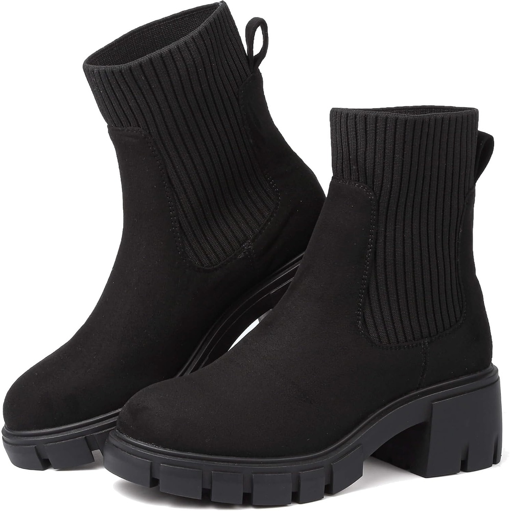 image:imageziitop Women Platform Chelsea Boots Fashion Elastic Ankle Booties Lug Sole Chunky Block Heel Leather Fall Boots LadiesBlacksuede