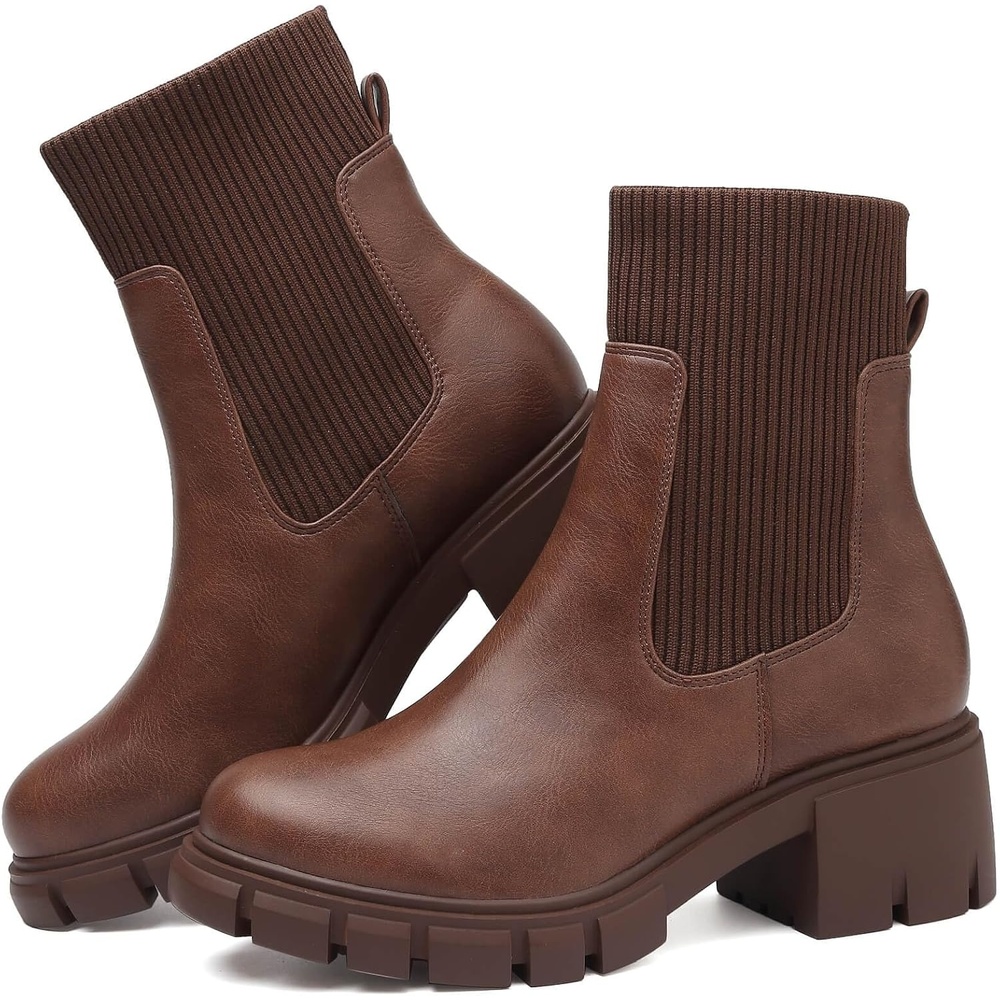 image:imageziitop Women Platform Chelsea Boots Fashion Elastic Ankle Booties Lug Sole Chunky Block Heel Leather Fall Boots LadiesDarkbrown
