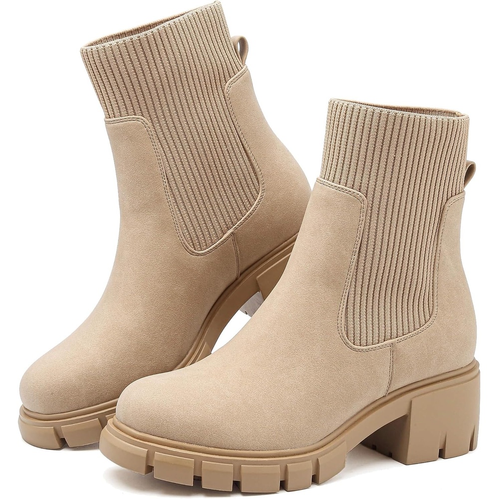 image:imageziitop Women Platform Chelsea Boots Fashion Elastic Ankle Booties Lug Sole Chunky Block Heel Leather Fall Boots LadiesNudesuede