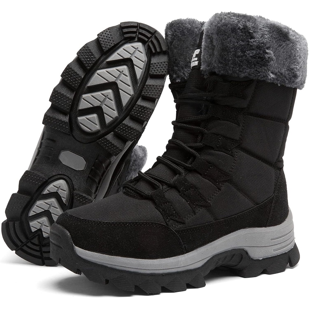 image:imageziitop Womens Winter Snow Boots Waterproof Fur Lined Warm Winter Boots for Women Lace up Mid Calf Outdoor AntiSlip Shoes for Walkingshoppingfishinghikingskiing great giftBlackgrey1