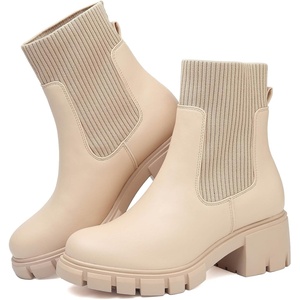 ziitop Women Platform Chelsea Boots Fashion Elastic Ankle Booties Lug Sole Chunky Block Heel Leather Fall Boots Ladies(Beigepu)