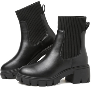 ziitop Women Platform Chelsea Boots Fashion Elastic Ankle Booties Lug Sole Chunky Block Heel Leather Fall Boots Ladies(Blackpu)