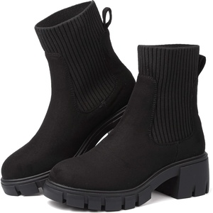 ziitop Women Platform Chelsea Boots Fashion Elastic Ankle Booties Lug Sole Chunky Block Heel Leather Fall Boots Ladies(Blacksuede)