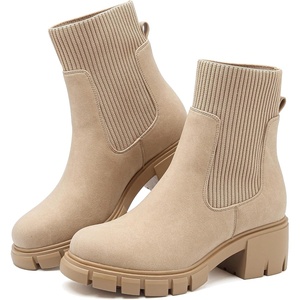 ziitop Women Platform Chelsea Boots Fashion Elastic Ankle Booties Lug Sole Chunky Block Heel Leather Fall Boots Ladies(Nudesuede)