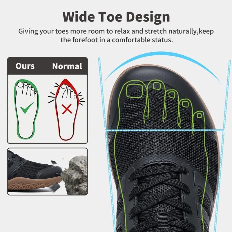 image:imageziitop Barefoot Shoes Men Sneakers Casual Wide Toe Box Running Footwear Zero Drop Tennis Minimalist Walking Grounding Shoes for Gym Workout Weightlifting Hiking Cross Training Trail ClimbingBlack Gum