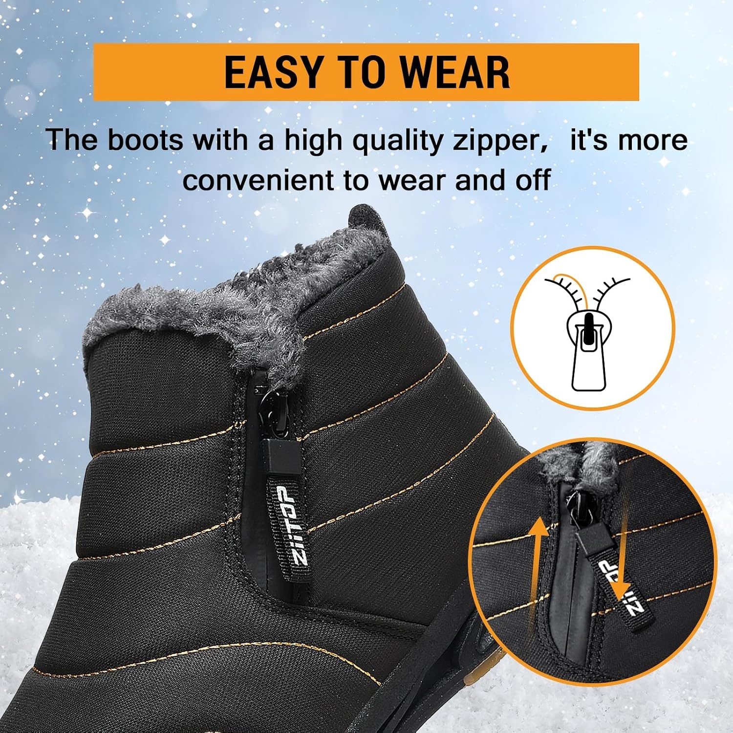 image:imageziitop Snow Boots Mens Waterproof Winter Boots Fur Lined Warm Ankle Boots Zipper Closure Slip on Outdoor Boot Comfortable Walking ShoesBlack
