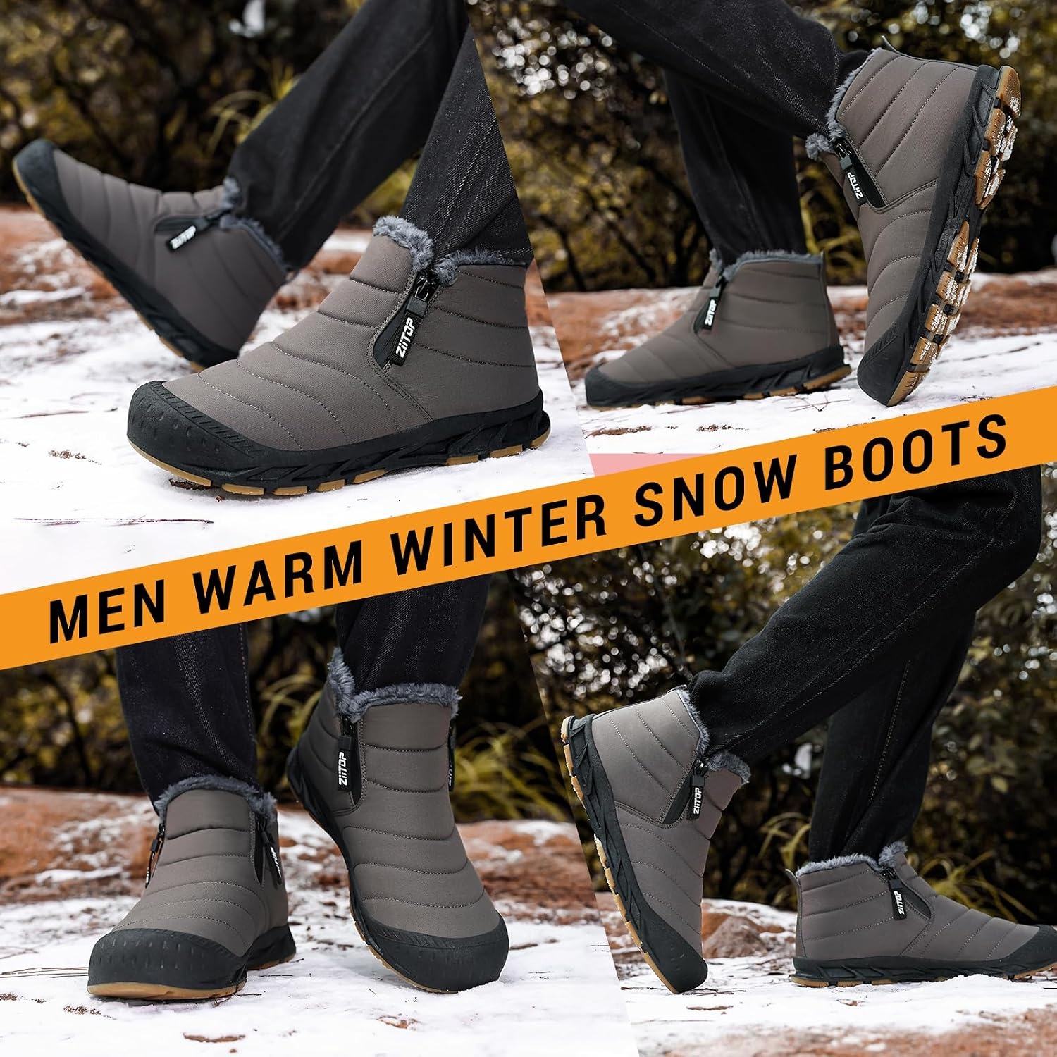 image:imageziitop Snow Boots Mens Waterproof Winter Boots Fur Lined Warm Ankle Boots Zipper Closure Slip on Outdoor Boot Comfortable Walking ShoesDark Brown
