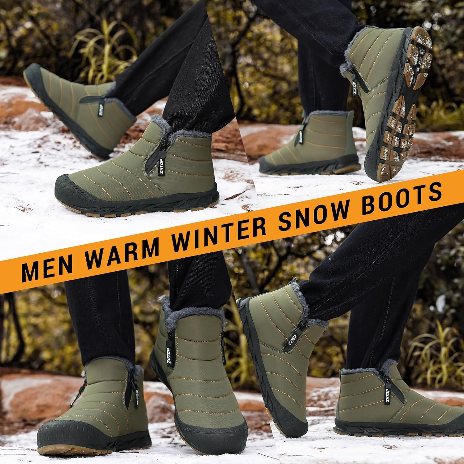 image:imageziitop Snow Boots Mens Waterproof Winter Boots Fur Lined Warm Ankle Boots Zipper Closure Slip on Outdoor Boot Comfortable Walking ShoesGreen