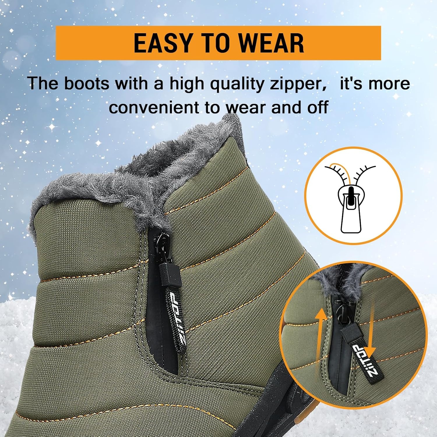 image:imageziitop Snow Boots Mens Waterproof Winter Boots Fur Lined Warm Ankle Boots Zipper Closure Slip on Outdoor Boot Comfortable Walking ShoesGreen