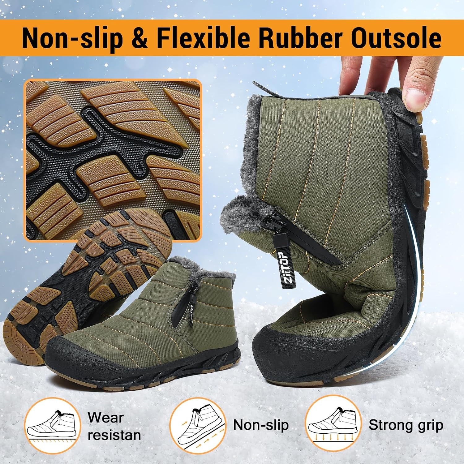 image:imageziitop Snow Boots Mens Waterproof Winter Boots Fur Lined Warm Ankle Boots Zipper Closure Slip on Outdoor Boot Comfortable Walking ShoesGreen