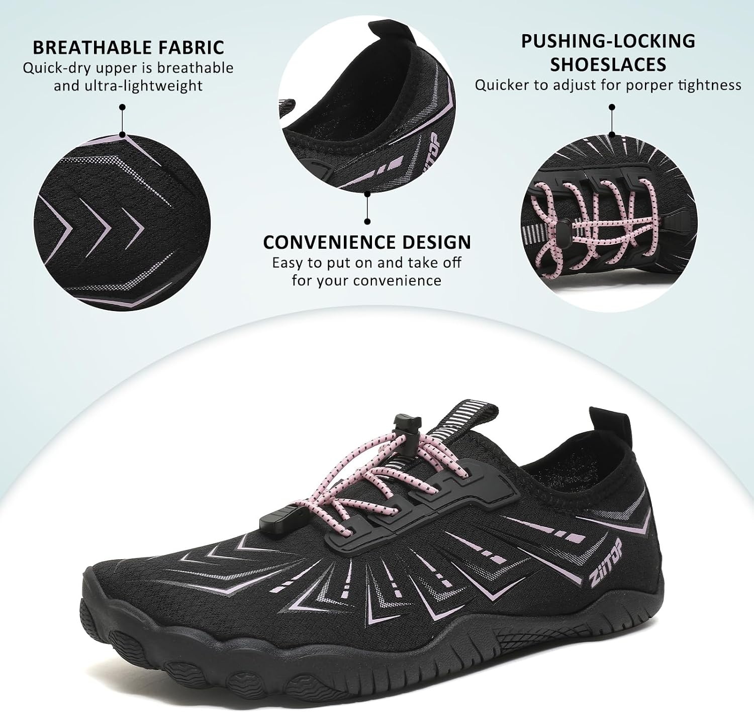 image:imageziitop Water Shoes for Men Women Beach Barefoot Swim Pool Shoes Aqua Socks AntiSlip Breathable Quick Dry Lightweight Slipon Outdoor Sport Hiking Walking Boating Fishing Diving SurfingBlack Pink2