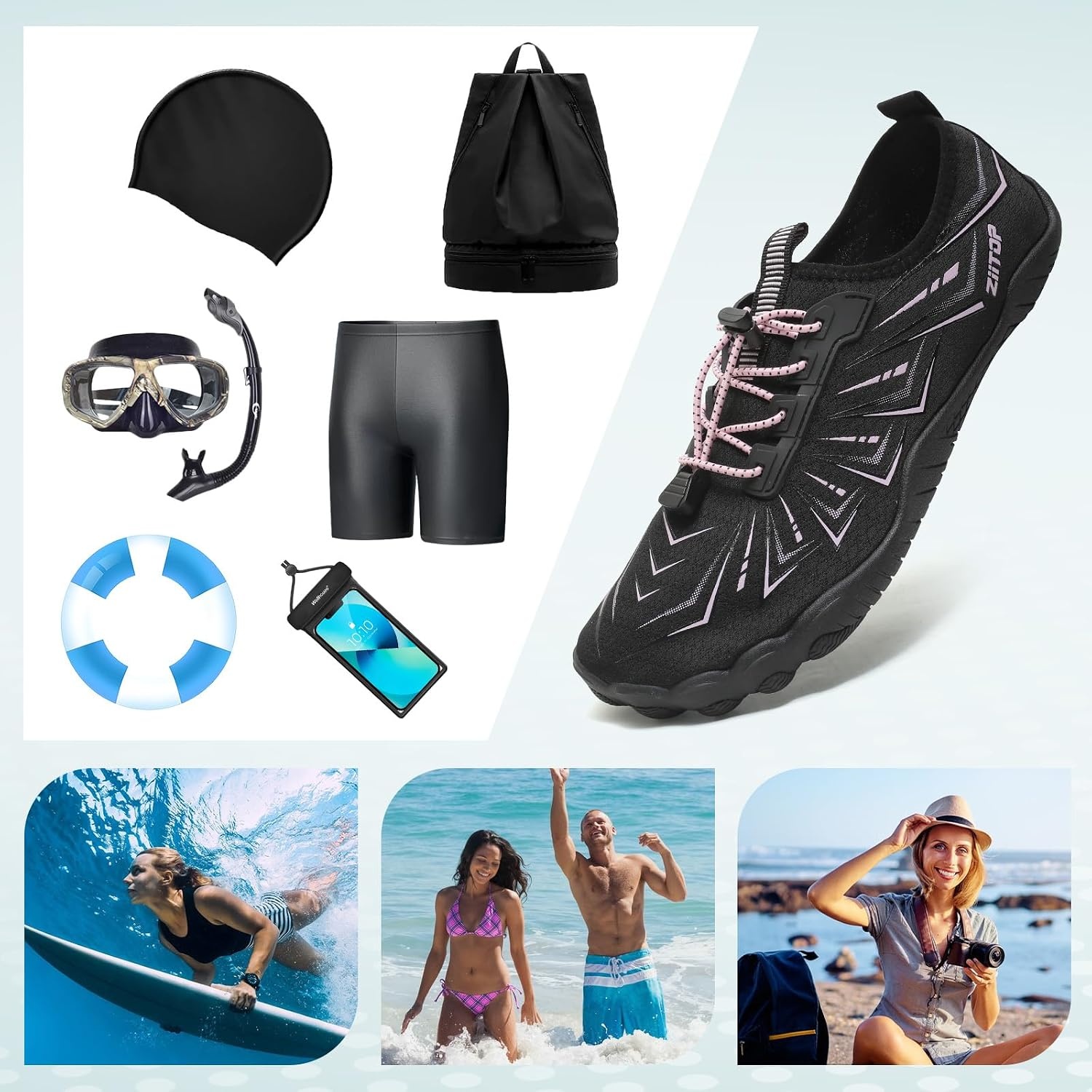 image:imageziitop Water Shoes for Men Women Beach Barefoot Swim Pool Shoes Aqua Socks AntiSlip Breathable Quick Dry Lightweight Slipon Outdoor Sport Hiking Walking Boating Fishing Diving SurfingBlack Pink2