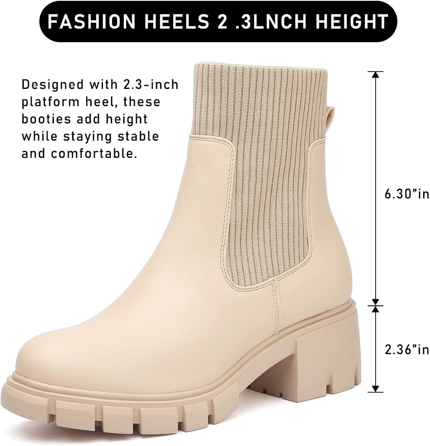 image:imageziitop Women Platform Chelsea Boots Fashion Elastic Ankle Booties Lug Sole Chunky Block Heel Leather Fall Boots LadiesBeigepu