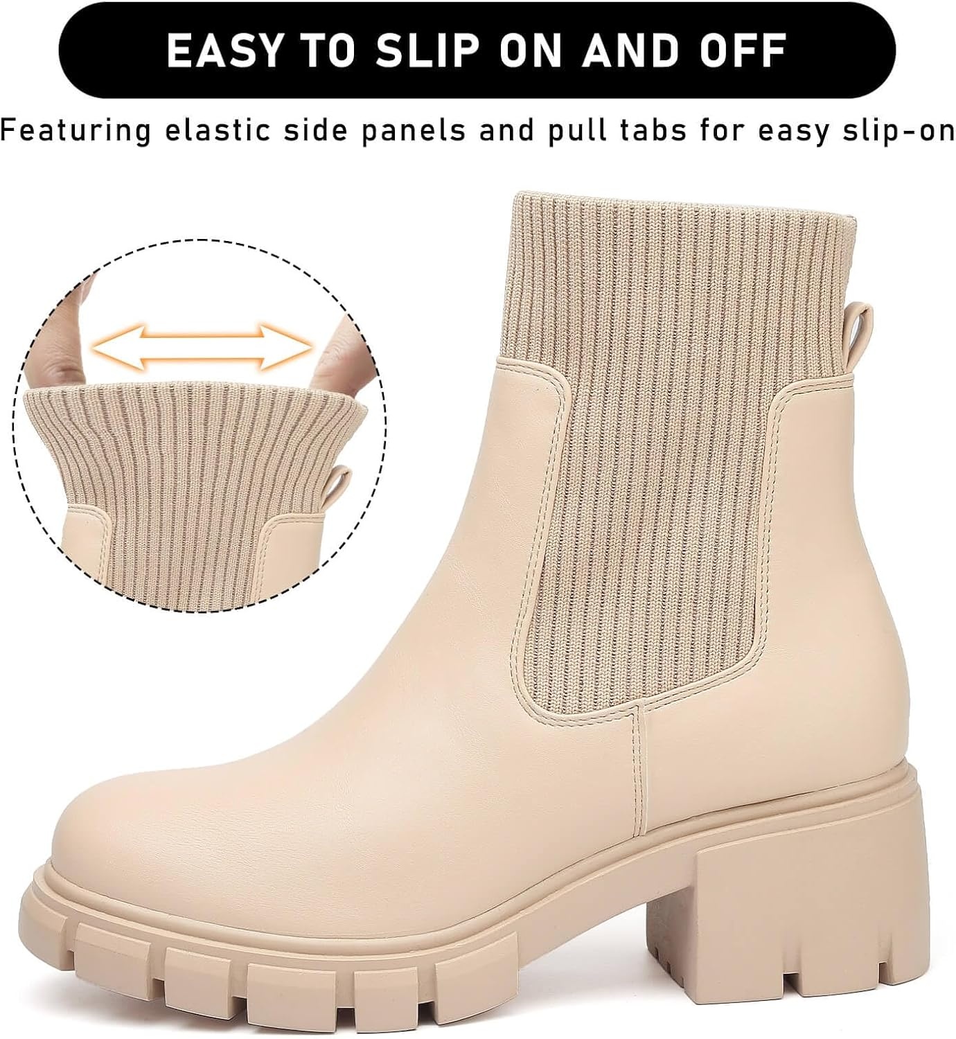 image:imageziitop Women Platform Chelsea Boots Fashion Elastic Ankle Booties Lug Sole Chunky Block Heel Leather Fall Boots LadiesBeigepu