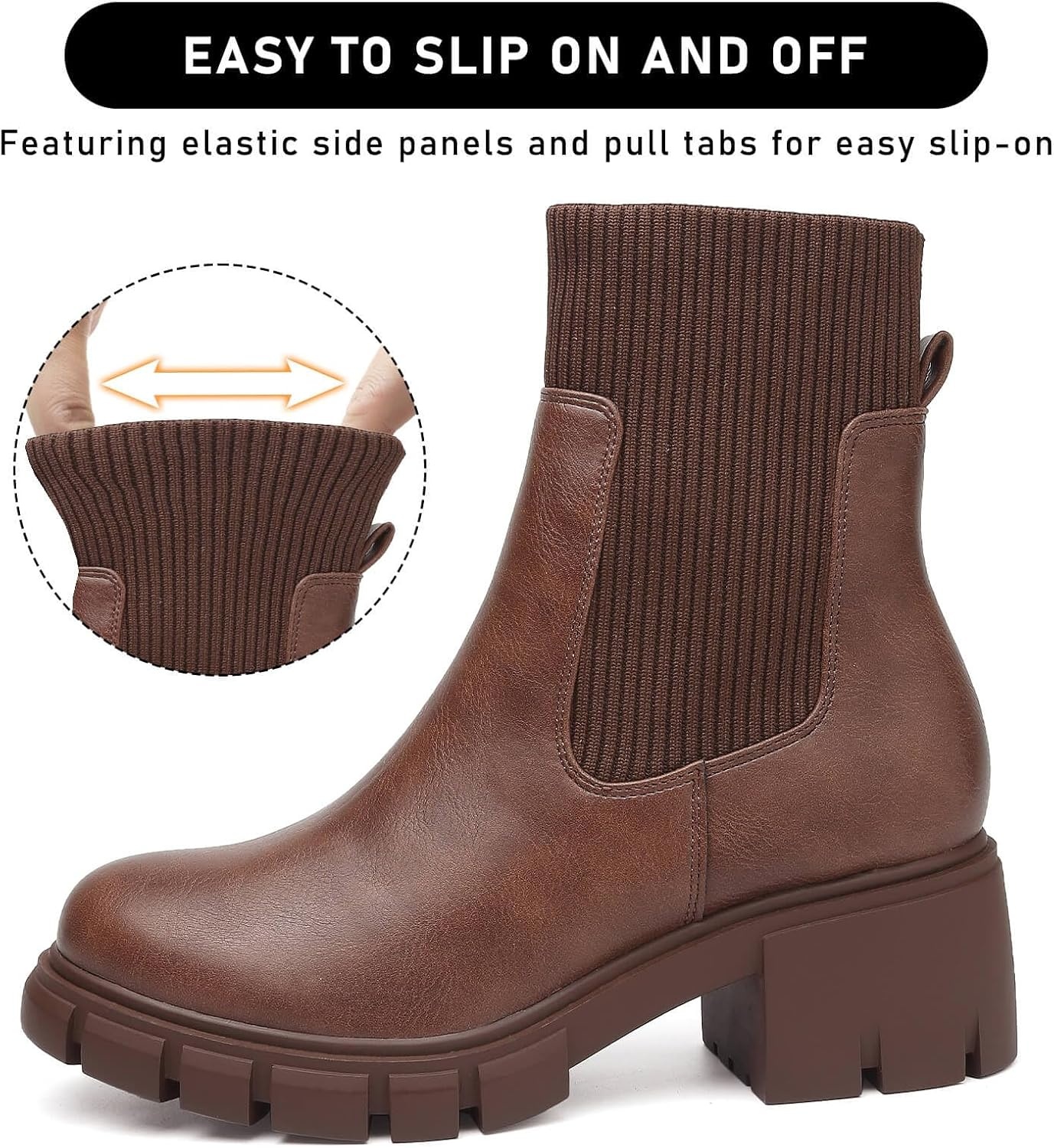 image:imageziitop Women Platform Chelsea Boots Fashion Elastic Ankle Booties Lug Sole Chunky Block Heel Leather Fall Boots LadiesDarkbrown