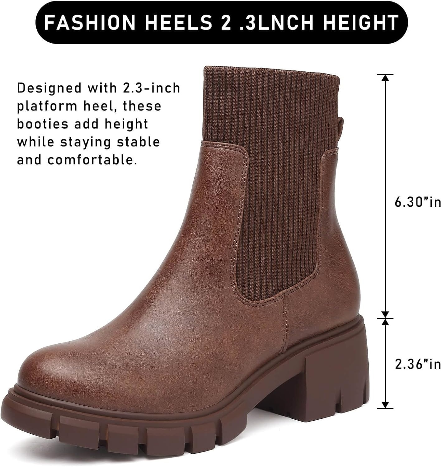 image:imageziitop Women Platform Chelsea Boots Fashion Elastic Ankle Booties Lug Sole Chunky Block Heel Leather Fall Boots LadiesDarkbrown